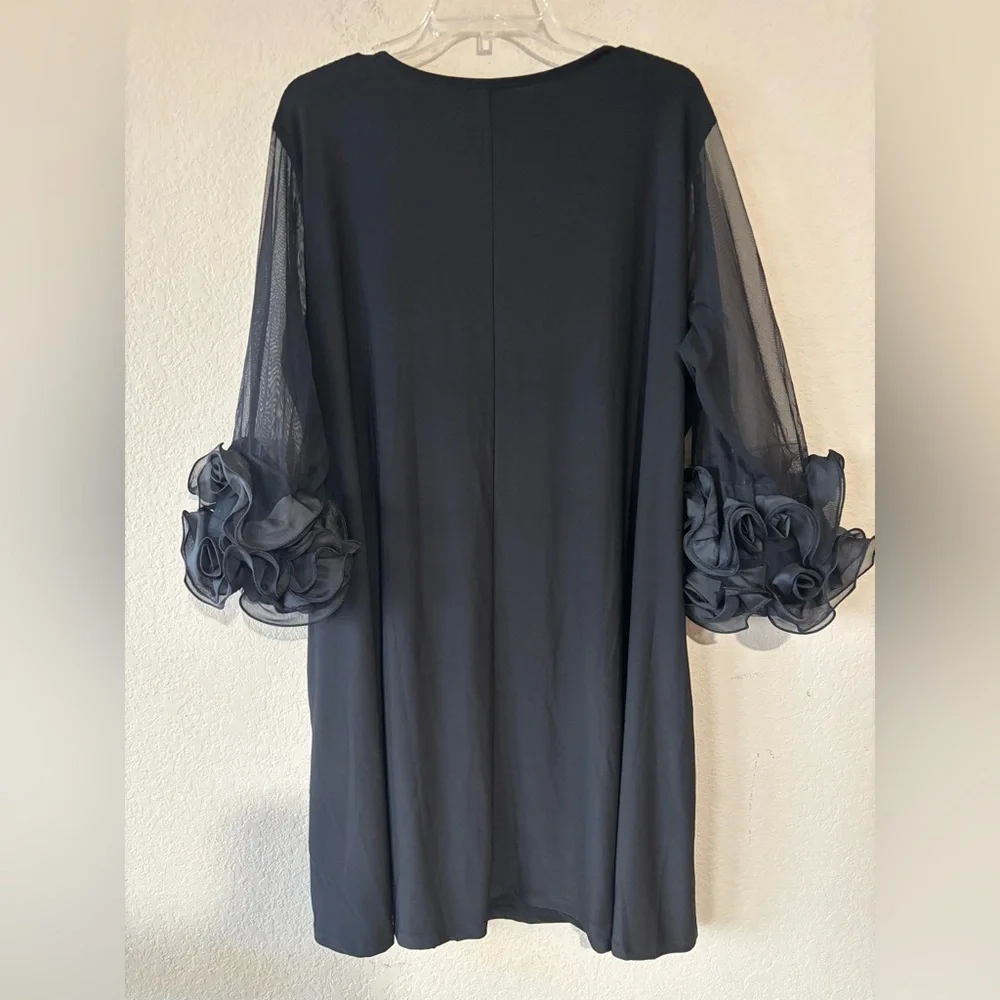 Nina Leonard Ruffle Mesh Sleeve Dress Black Size‎ 2X